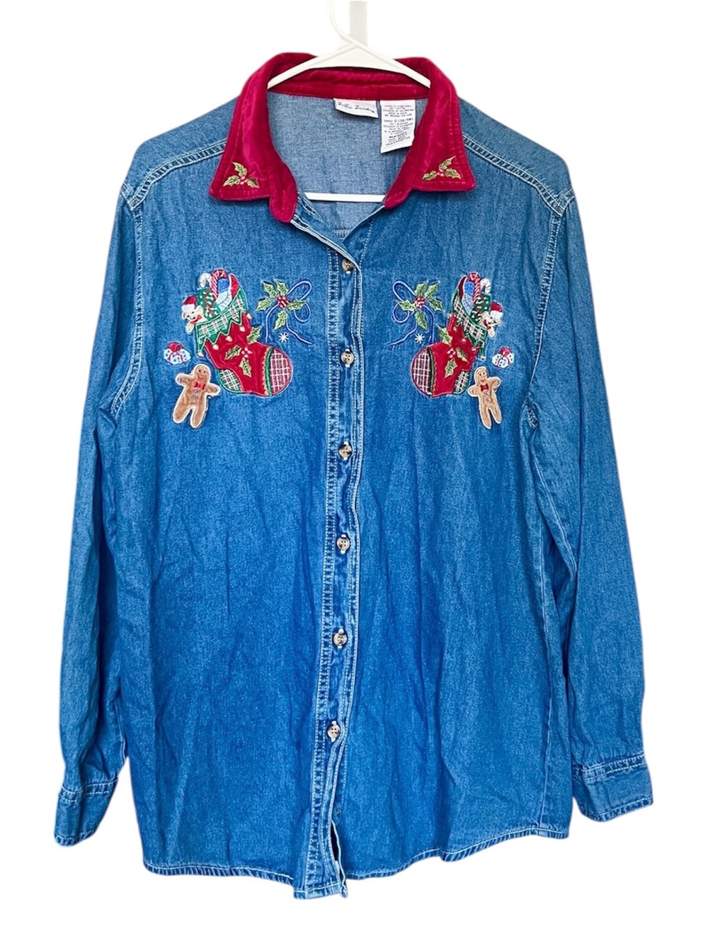 VTG Bobbie Brooks Christmas Theme Denim Button Up Shirt SZ L Velour Holiday